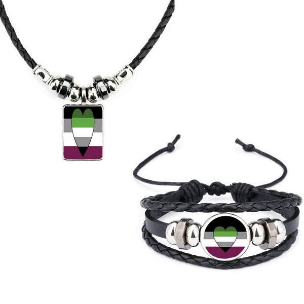 Lot de 2 bracelets en cuir noir Asexual Pride et collier en corde souple et sac cadeau