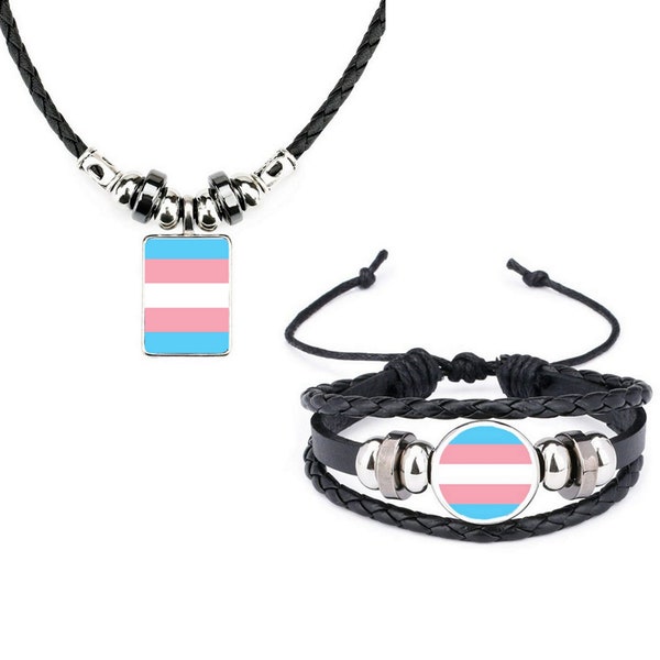 Lot de 2 bracelets en cuir noir transgenre Pride arc-en-ciel LGBTQ Pride et collier en corde souple et sac cadeau