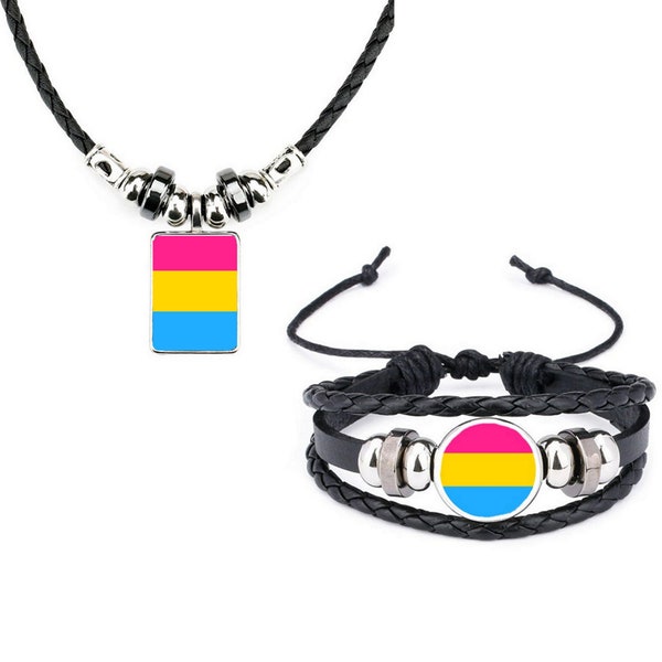 Lot de 2 bracelets en cuir noir pansexual arc-en-ciel LGBTQ Pride et collier en corde souple et sac cadeau