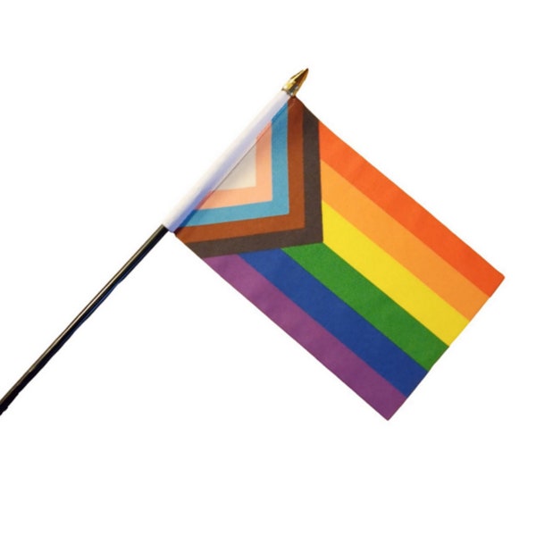 Progress Pride LGBTQ Pride 6" x 4" Hand waving Flag With Or Without Base