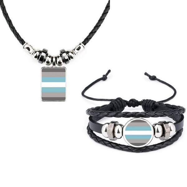 Lot de 2 bracelets en cuir noir Demi-Boy arc-en-ciel LGBTQ Pride et collier en corde souple et sac cadeau