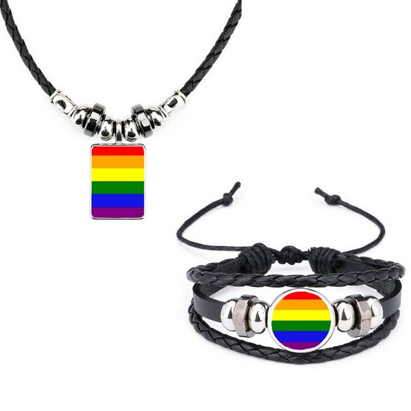 Lot de 2 bracelets en cuir noir Rainbow Pride Rainbow LGBTQ Pride et collier en corde souple et sac cadeau