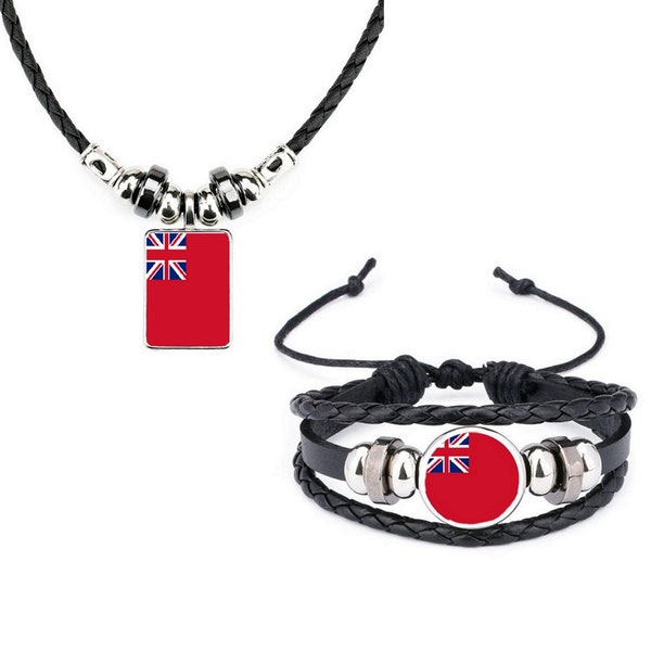 Lot de 2 bracelets en cuir noir militaire rouge Naval Ensign et collier en corde souple et sac cadeau