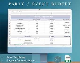 Party & Event Budget Planner, Excel Template, Auto-Calculating Event Budget Spreadsheet, Event Budgeting Excel,Digital Excel Budget Planner