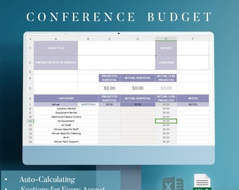 Conference Budget Excel, Auto-Calculation, Conference Budget Spreadsheet,Conference Financial Planner,Auto-Calculating,Corporate Conference