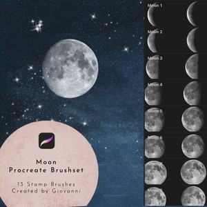 May include: A set of 13 Procreate brushes featuring different phases of the moon. The brushes are designed to create realistic moon illustrations. The image shows a full moon in the night sky with stars.