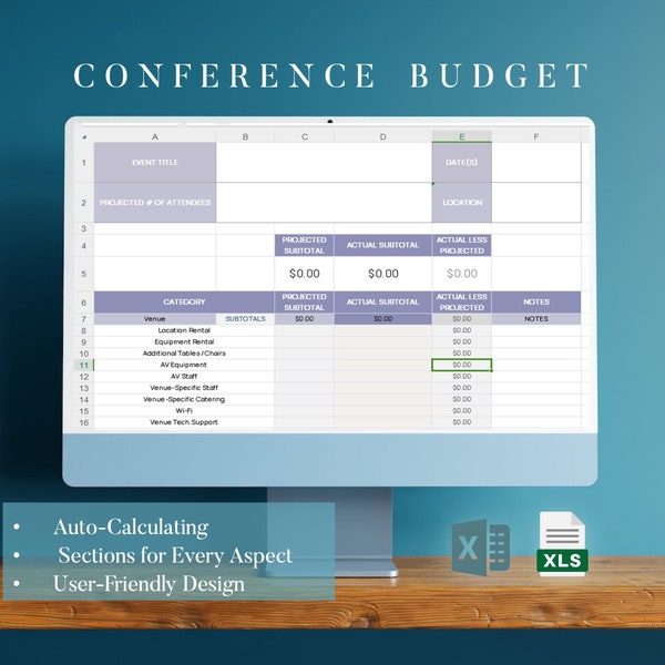 Conference Budget Excel, Auto-Calculation, Conference Budget Spreadsheet,Conference Financial Planner,Auto-Calculating,Corporate Conference