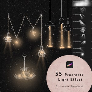 May include: A set of 35 Procreate light effect brushes for digital art. The image shows a variety of light effects, including rays of light, spotlights, and glowing orbs. The brushes are designed to add a realistic and dramatic touch to digital artwork.