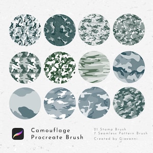 May include: A set of 21 Procreate brushes featuring camouflage patterns in various shades of green, blue, and gray. The brushes are designed for use in digital art and illustration.