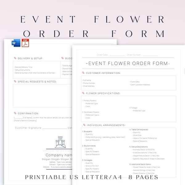 Printable Event Flower Order Form, Editable Wedding or Event Floral Specification Sheet, Floristry Planner, Organizer, 2023, 2024, Word, Fdf