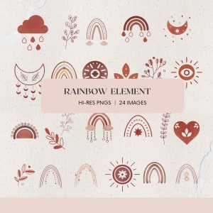 24 PNG de arcoíris de acuarela boho, dibujados a mano por Giovanni 2021, imágenes prediseñadas, archivos PNG, sol, luna, icono, uso comercial, dibujados a mano, archivos PNG de alta resolución
