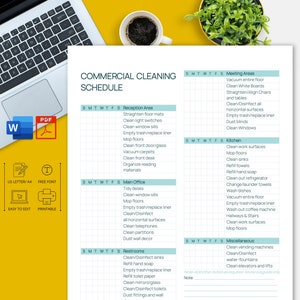May include: A printable commercial cleaning schedule template with a checklist of daily tasks for different areas of a building, including reception, main office, restrooms, kitchen, meeting areas, and miscellaneous areas. The schedule includes days of the week and tasks such as cleaning surfaces, emptying trash, refilling soap, and vacuuming.