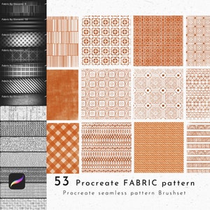 May include: A set of 53 Procreate FABRIC pattern seamless pattern brush sets. The patterns are in various styles, including geometric, striped, and plaid. The patterns are in shades of orange and white.