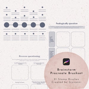 May include: A digital illustration of a brainstorming technique using a grid of circles and lines. The illustration is titled "Analogically Question" and "Reverse Questioning". The illustration is part of a Procreate brush set called "Brainstorm Procreate Brushset" with 21 stamp brushes created by Giovanni.