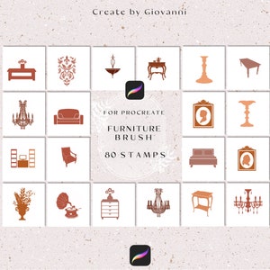 May include: A set of 80 digital stamps for Procreate featuring various furniture silhouettes in a reddish-brown color. The stamps include a couch, a bed, a chair, a table, a lamp, a chandelier, a vase, a record player, a dresser, and a mirror.