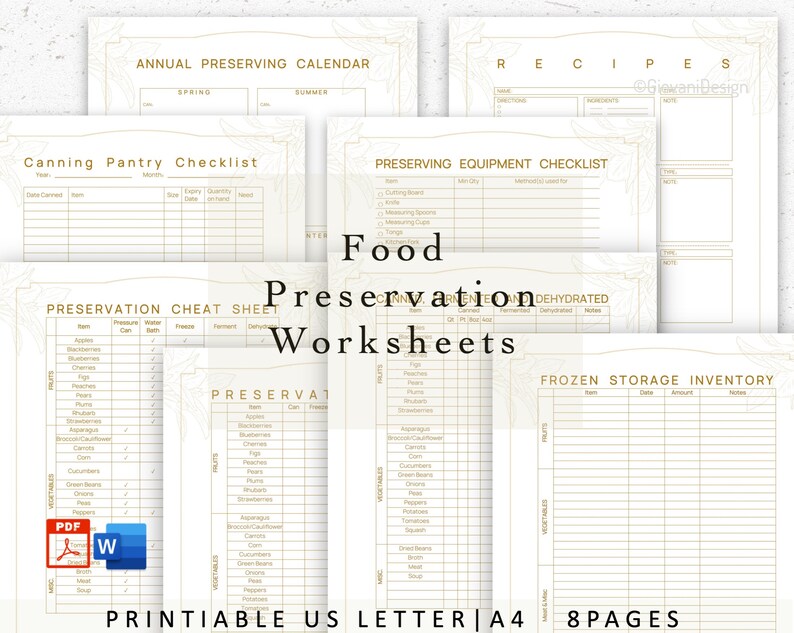 May include: Printable food preservation worksheets in a gold and white design. The worksheets include a calendar, checklist, cheat sheet, and inventory. The text on the page reads "Food Preservation Worksheets".