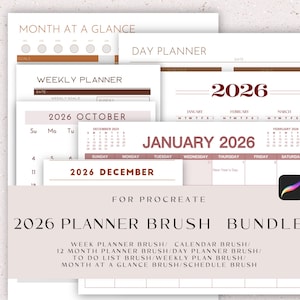 Puede incluir: Un paquete de pinceles de planificador digital para Procreate, con plantillas para diversas necesidades de planificación. Incluye diseños semanales, mensuales y 'Vista mensual'. El diseño presenta el año '2026' y texto relacionado con la planificación.