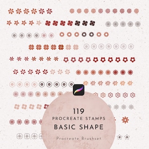 以下が含まれることがあります： 119 Procreateスタンプ ベーシックシェイプ Procreateブラシセット。さまざまな基本的な形、円、正方形、星、花など、さまざまな色とサイズで119個のProcreateスタンプのセットのデジタルイラストです。