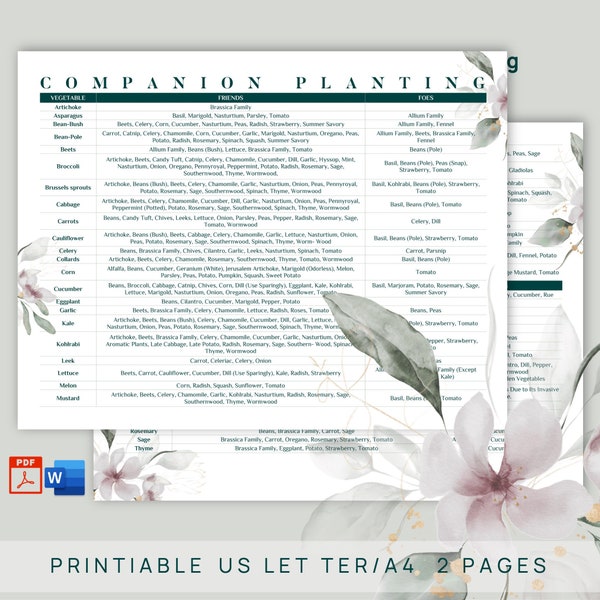 Companion Planting Cheatsheet, planificador de jardín imprimible y editable, guía de jardinería de vegetales y hierbas, PDF, Microsoft Word, Doc 2023