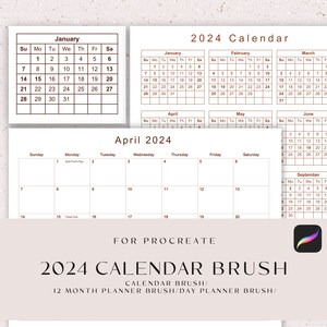 Puede incluir: Una ilustración digital de un pincel de calendario 2024 para Procreate. La imagen muestra un calendario para cada mes del año, con el mes de abril resaltado. El calendario está diseñado para su uso con la aplicación Procreate.