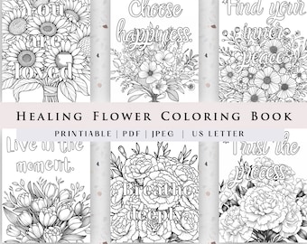 Healing Flower Coloring Book, Mindful Flower Coloring Book, afdrukbare kalmerende kleurpagina's, Procreate, digitaal kleurboek
