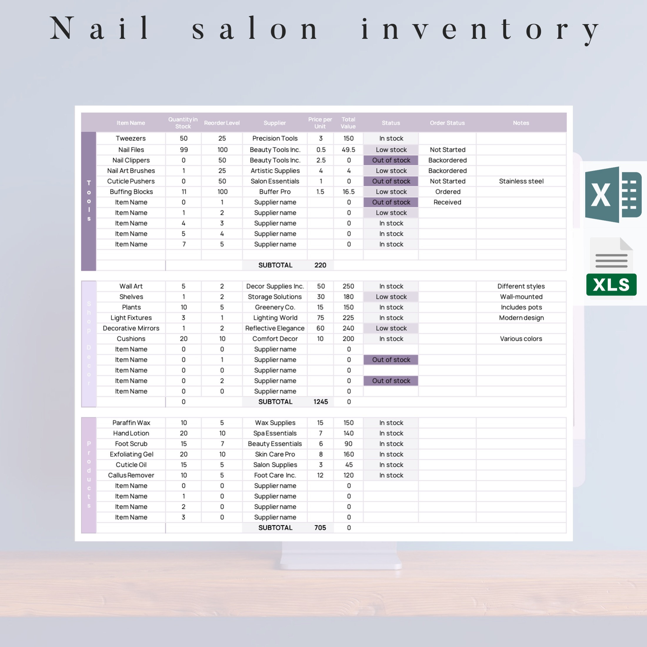 Nail Salon Inventory List Template, Excel Template, Auto-calculating ...