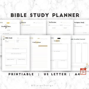 May include: Printable Bible study planner pages with headings for prayer, reflection, scripture study, gratitude, confessions, and monthly reading journal. The pages are decorated with floral designs and have a white background.