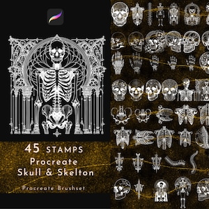Procreate e Skull & Skeleton  Brush, Procreate Skull Stamps  Brushset, Skeleton Elements, Gothic style, Japanese style, Tattoo design