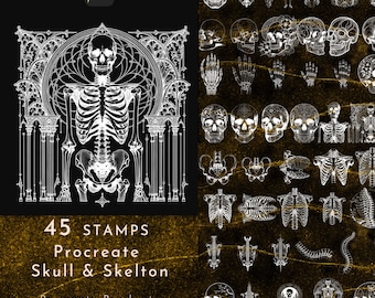 Procreate e Skull & Skeleton  Brush, Procreate Skull Stamps  Brushset, Skeleton Elements, Gothic style, Japanese style, Tattoo design