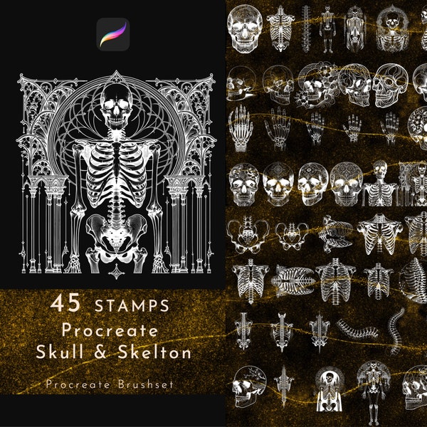 Procreate e Skull & Skeleton Brush, Procreate Skull Stamps Brushset, Elementos de esqueleto, estilo gótico, estilo japonés, diseño de tatuajes