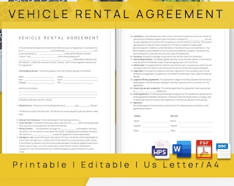 Editable Car Rental Agreement Template, Printable Vehicle Lease Contract,Vehicle rental agreement,Car Renting Contact