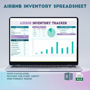 Może przedstawiać: Ekran laptopa wyświetlający arkusz kalkulacyjny zatytułowany "Airbnb Inventory Tracker". Arkusz kalkulacyjny zawiera sekcje dotyczące informacji o nieruchomości, kategorii inwentarza, statusu, ilości, procentu, harmonogramu usług i konserwacji oraz alertów i powiadomień. Arkusz kalkulacyjny zawiera również wykres kołowy i wykres słupkowy. Tekst "AUTO-CALCULATING SECTIONS FOR EVERY ASPECT USER-FRIENDLY DESIGN" jest wyświetlany pod laptopem.