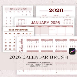 Puede incluir: Varios calendarios de 2026, con diseños mensuales y el texto "2026 Calendar Brush". Los calendarios son rosas y blancos, con octubre, diciembre, enero, febrero y marzo visibles. Medidas en centímetros.