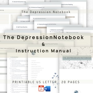 Op de afbeelding: Een printbare instructiehandleiding voor "The Depression Notebook" met een lichtblauw en wit bloemenontwerp. De handleiding is 20 pagina's lang en bevat een printbare sjabloon in US-letterformaat. De handleiding is beschikbaar in PDF- en Word-formaten.