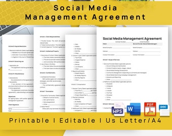Editable Social Media Management Contract Template,Printable Social Media Management Agreement Template, Word and PDF