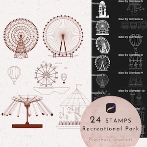 Procreate Amusement Park Elements Brush, 24 Procreate Stamps, Ferris Wheel, Recreational Park, Contour, Outline, Background Design