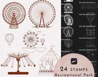 Procreate Amusement Park Elements Brush, 24 Procreate Stamps, Ferris Wheel, Recreational Park, Contour, Outline, Background Design