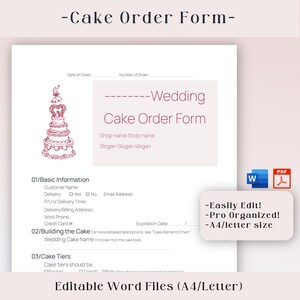 May include: A printable wedding cake order form with a pink and white color scheme. The form includes sections for basic information, cake tiers, and building the cake. The form is labeled "Wedding Cake Order Form" and includes the text "Easily Edit!" "Pro Organized!" and "A4/letter size".