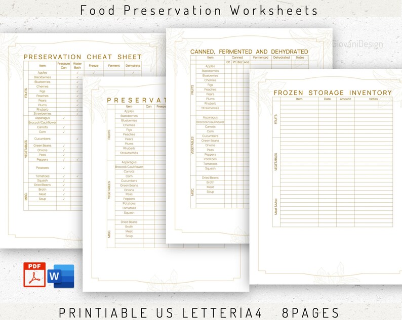 May include: Printable food preservation worksheets with a gold floral design. The worksheets include a cheat sheet for preserving fruits and vegetables by canning, freezing, fermenting, and dehydrating. There is also a sheet for tracking frozen food inventory.