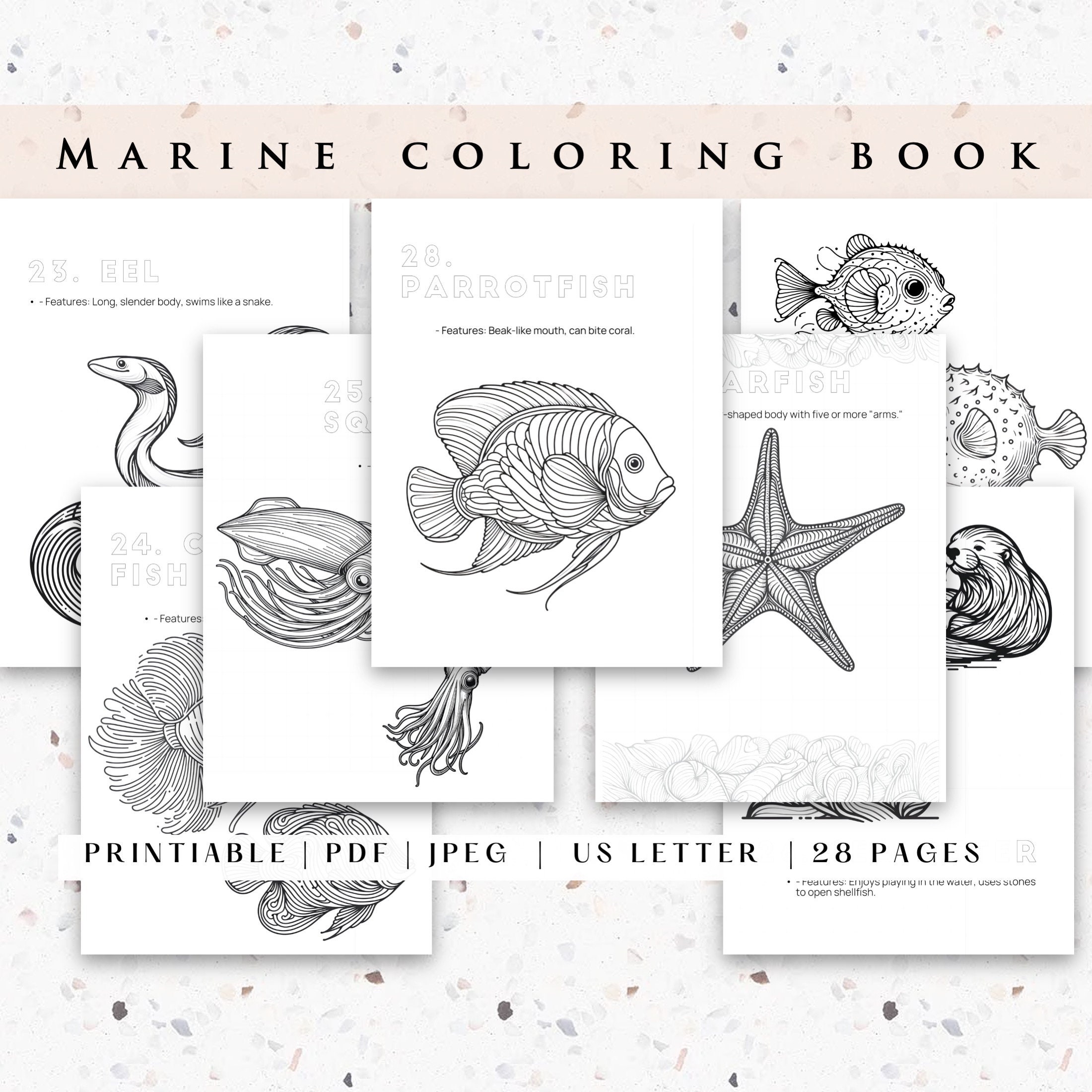 Healing Marine Coloring Book, Ocean Life Coloring Book, printable inspiring coloring pages, Procreate, Digital Coloring book