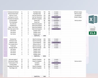 Hair Salon Inventory List Template, Excel Template, Auto-Calculating  Hair Salon Inventory Tracker,  Hair Salon Startup Inventory Template