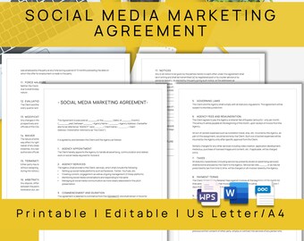 Editable Social Media Marketing Agreement, Printable Digital Marketing Contract, Marketing Manager Contract, Social Media Service Agreement