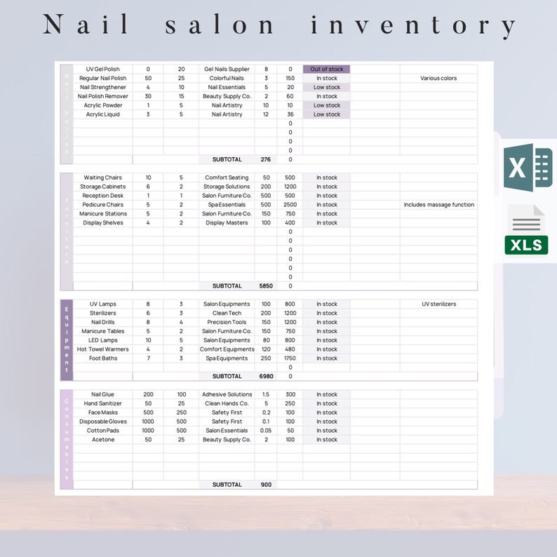 Nail Salon Inventory List Template, Excel Template, Autocalculating Nail Salon Inventory List Template, Excel Template, Autocalculating