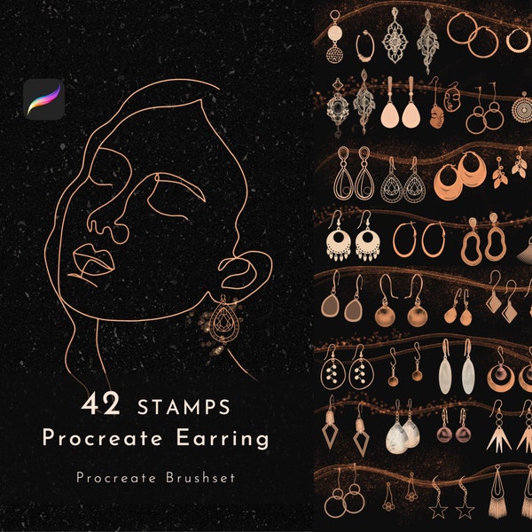 42 Procreate Earring Stamp Brush, Pour Portrait, Design de mode, Bijoux de Luxe