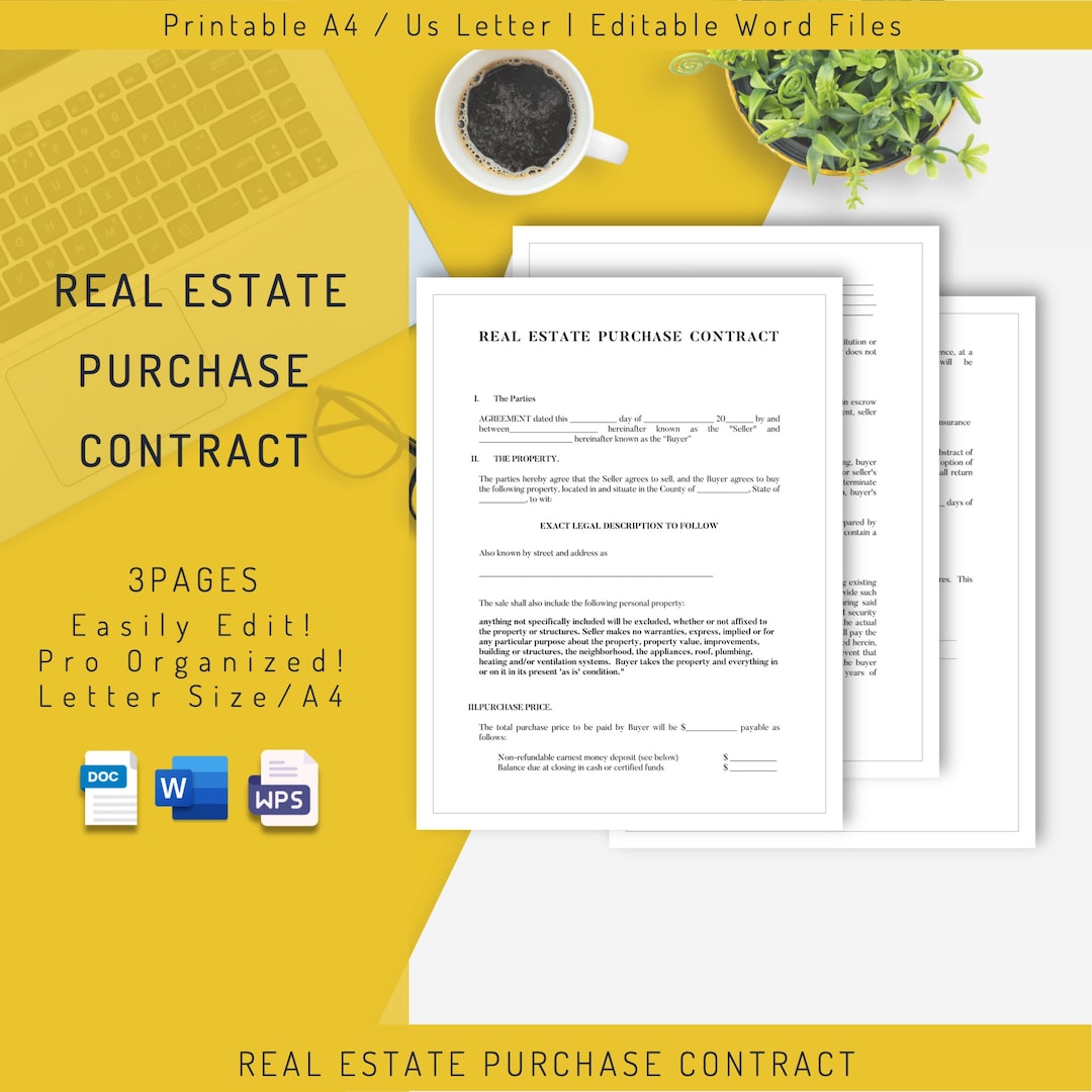Editable Real Estate Purchase Contract Template, Printable Real Estate Purchase Agreement ...