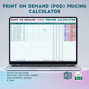 Könnte beinhalten: Ein Laptop-Bildschirm zeigt eine Tabellenkalkulation mit dem Titel "Print on Demand (POD) Preisrechner". Die Tabellenkalkulation hat mehrere Spalten und Zeilen mit Daten und Berechnungen. Die Tabellenkalkulation soll Benutzern helfen, die Preise für Print-on-Demand-Produkte zu berechnen. Die Tabellenkalkulation hat vier Registerkarten: "POD Preisrechner", "POD Preisrechner (Beispiel)", "Benutzerdefinierte Dropdown-Liste" und "Beschreibungen". Der Laptop befindet sich auf einer rosa und violetten Oberfläche. Das Bild enthält auch den Text "AUTO-CALCULATING", "SECTIONS FOR EVERY ASPECT", "USER-FRIENDLY DESIGN" und "4 TABS".