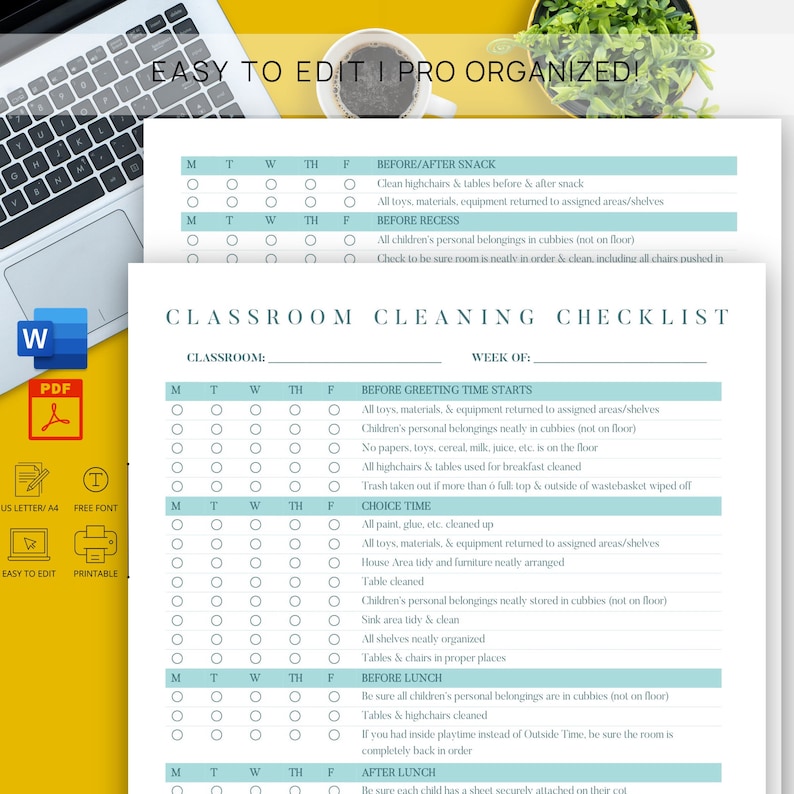 Editable Classroom Cleaning Checklist Weekly School Cleaning Schedule