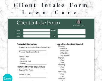 Lawn Care Client Intake FormTemplate,Printable Lawn Service Contract, Customizable Lawn Maintenance Agreement