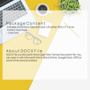 Peut inclure: Un fond jaune et blanc avec un ordinateur portable, une tasse de caf&eacute;, une plante en pot, une paire de lunettes, un bloc-notes, un crayon et du texte qui dit "Contenu du package - Fichiers Word Docx modifiables avec taille&nbsp;: US Letter (8,5 x 11&nbsp;po) ou A4 - T&eacute;l&eacute;chargement instantan&eacute; - Une police" et "&Agrave; propos du fichier DOCX Le fichier DOCX est un fichier de document au format XML ouvert de Microsoft Word. Vous pouvez l&rsquo;ouvrir avec Microsoft Word, Word Online, Google Docs, WPS ou un autre traitement de texte."