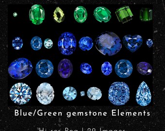 Puede incluir: Una colección de 29 imágenes de alta resolución de piedras preciosas azules y verdes. Las imágenes muestran varias formas y tamaños de piedras preciosas, incluyendo formas ovaladas, redondas, de corazón y de pera. Las piedras preciosas están todas sobre un fondo negro.